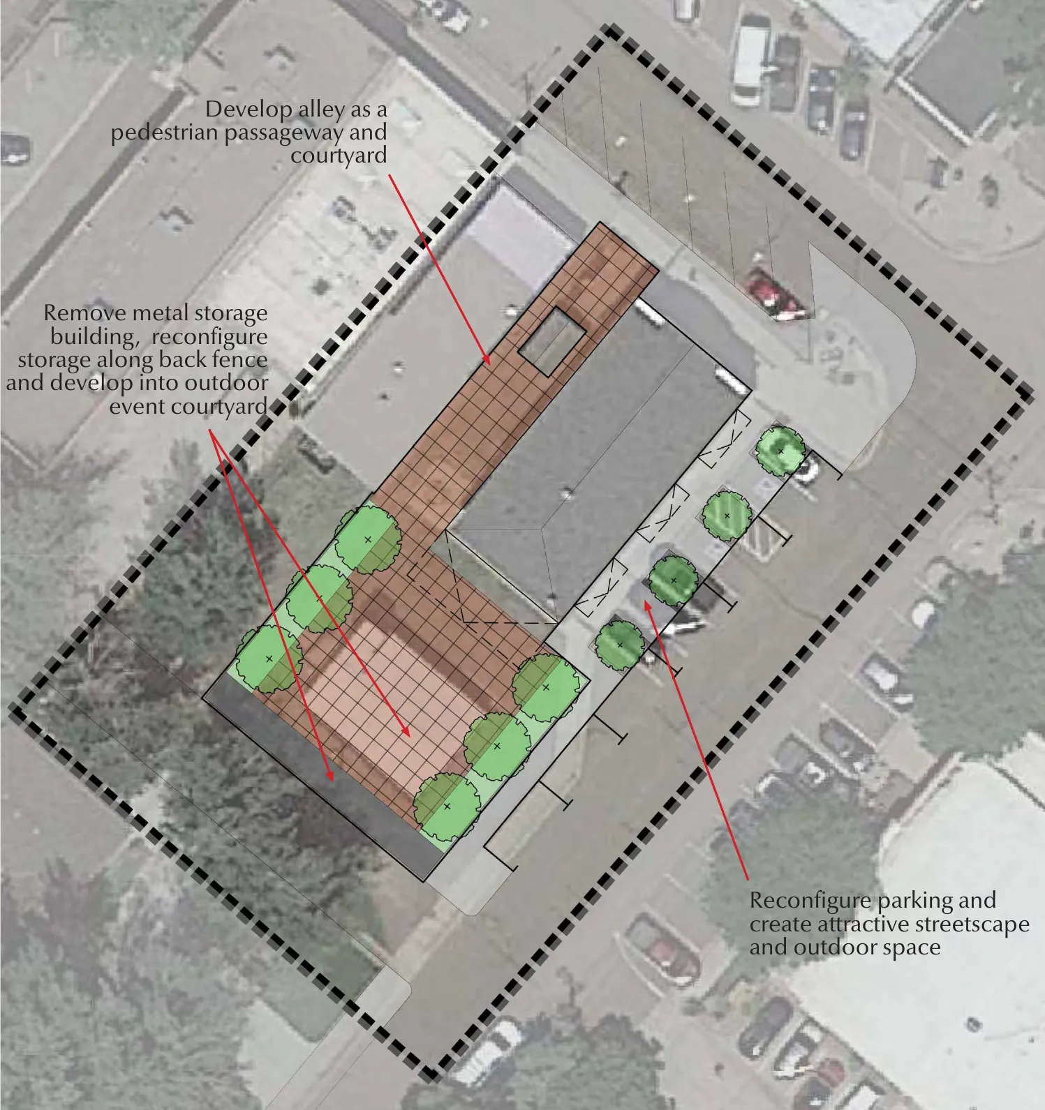 Annotated aerial plan of the Grange Hall parcel showing a courtyard, alley passageway and reconfigured parking