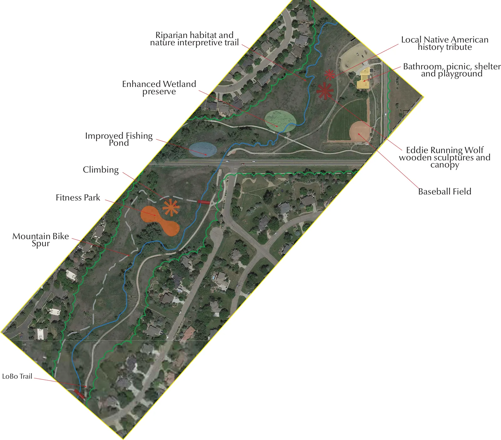 Annotated plan of Left Hand Valley Grange Park showing a riparian trail, wetland preserve, fishing pond and fitness park