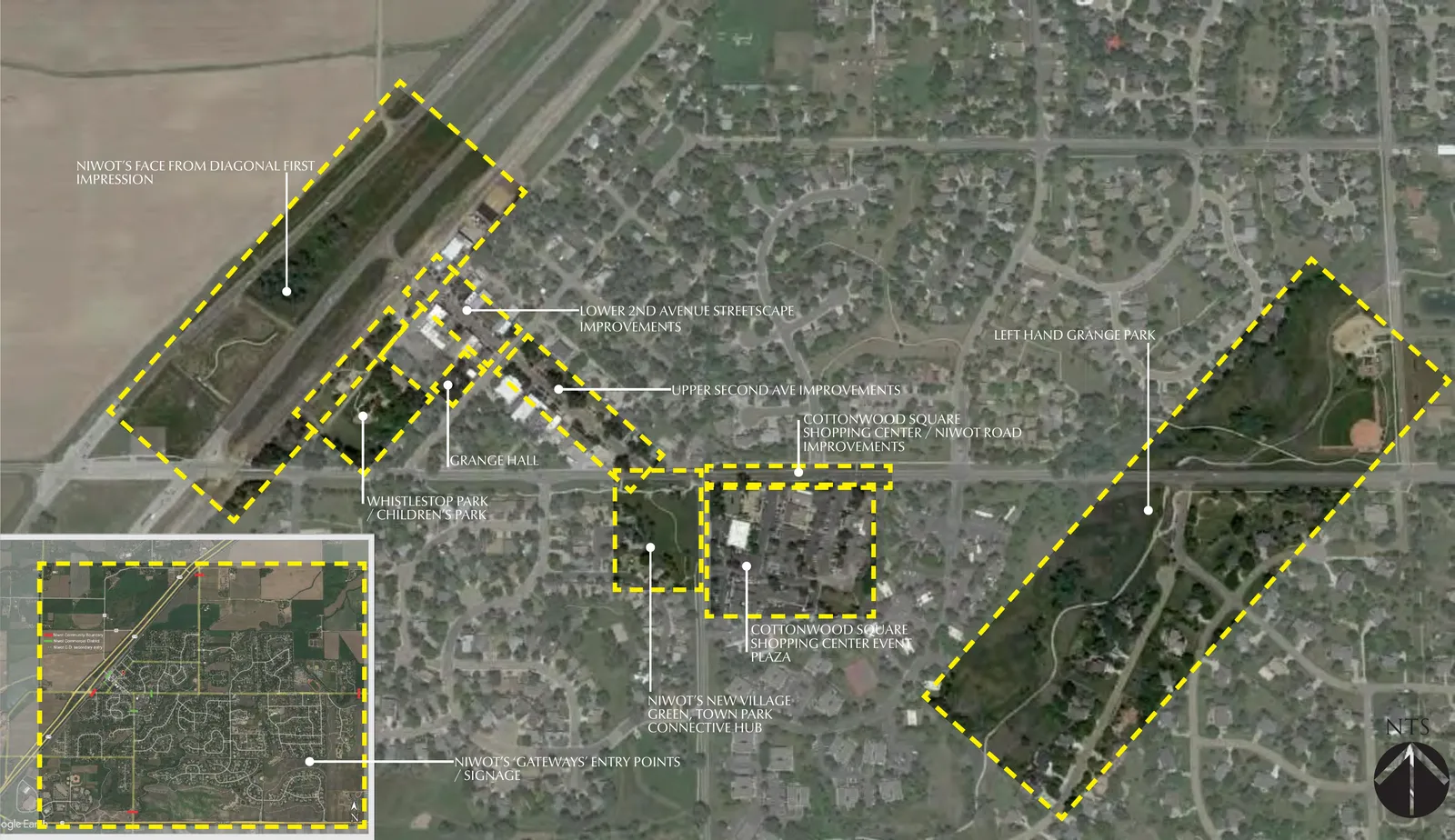 Aerial map of Niwot with ten improvement areas outlined and labelled