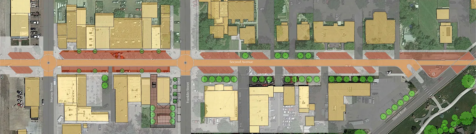 Color plan of Second Avenue showing narrowed drive lanes, paver crossings, street trees and widened sidewalks