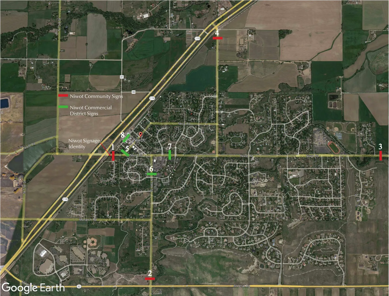 Map of Niwot showing eight proposed sign locations for community identity and commercial district signs