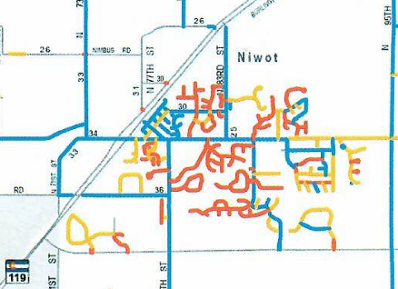 Boulder County PCI map of Niwot area showing many roads in poor (red) and fair (yellow) condition, with limited blue (good) coverage.